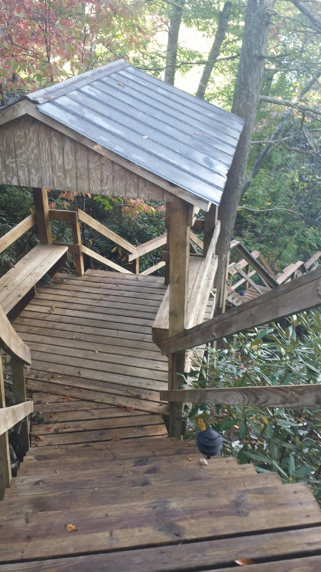 Metal roofed shelter over wooden steps on a wooded walkway — Skylight Repair & Installation work by our crew in Pershing